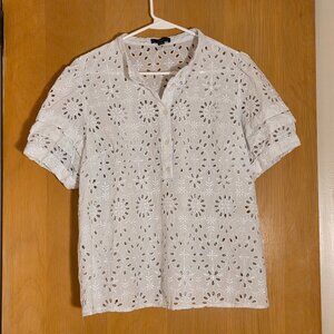 J Crew Eyelet Pullover Top Womens XL Ruffled Puff Sleeve White Floral Bridal